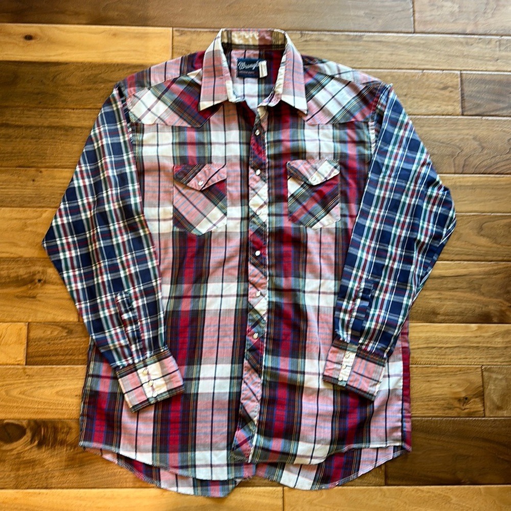 Vtg Wrangler mixed plaid western button up shirt